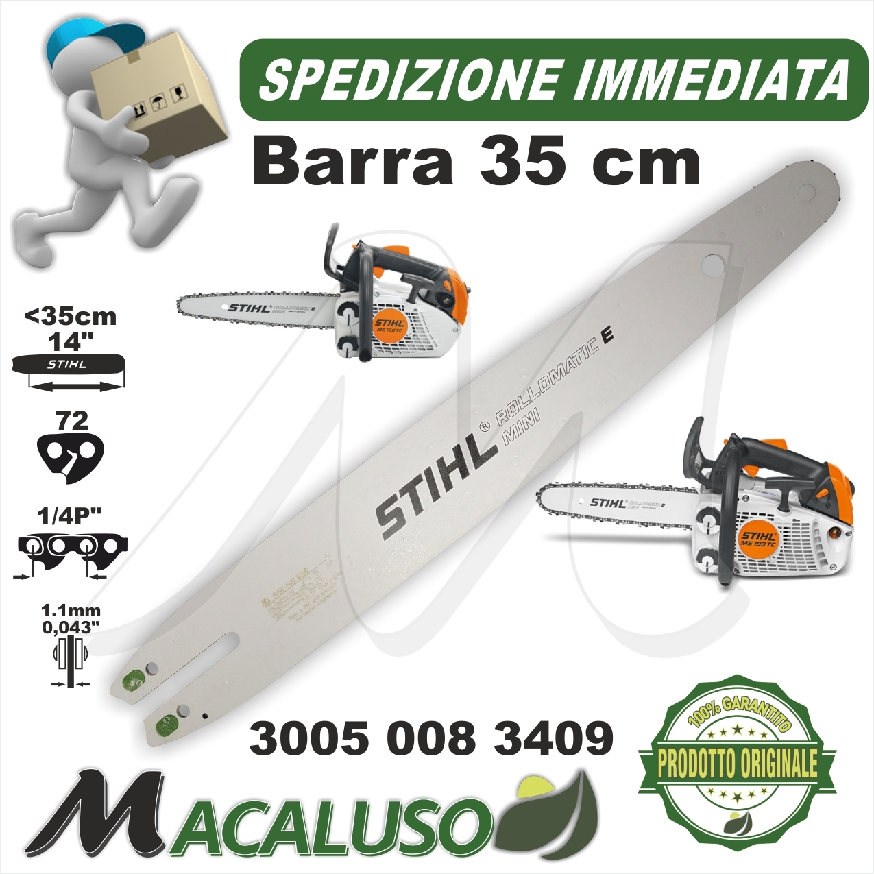 Barra Stihl 14 Cm 35 x motosega MS193T passo 1/4P mm. 1,1 maglie