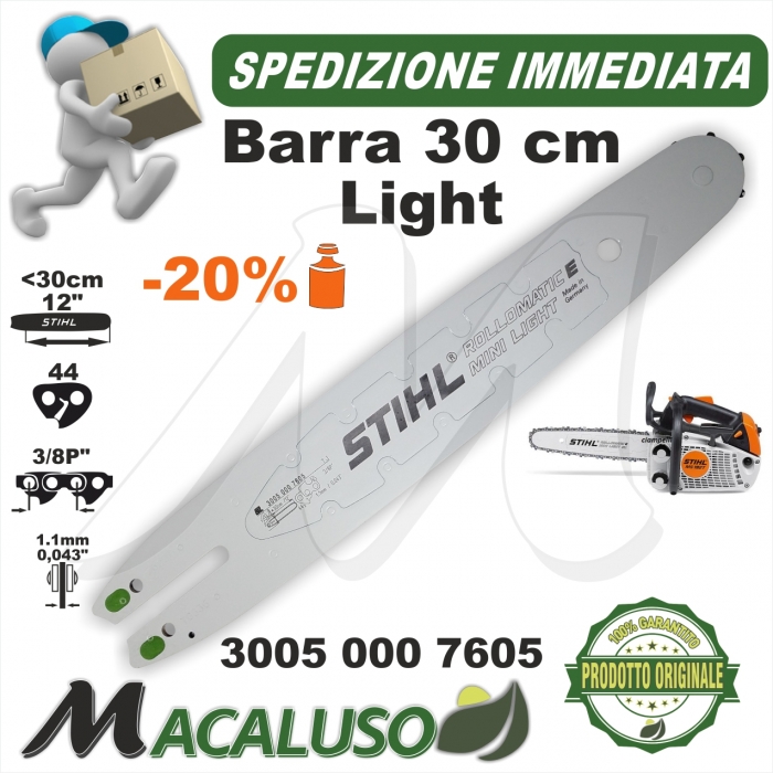 Barra Light Stihl 12" Cm.30 per motosega MS192T passo 3/8P da mm.1,1 maglie 44 art.30050007605 spranga 