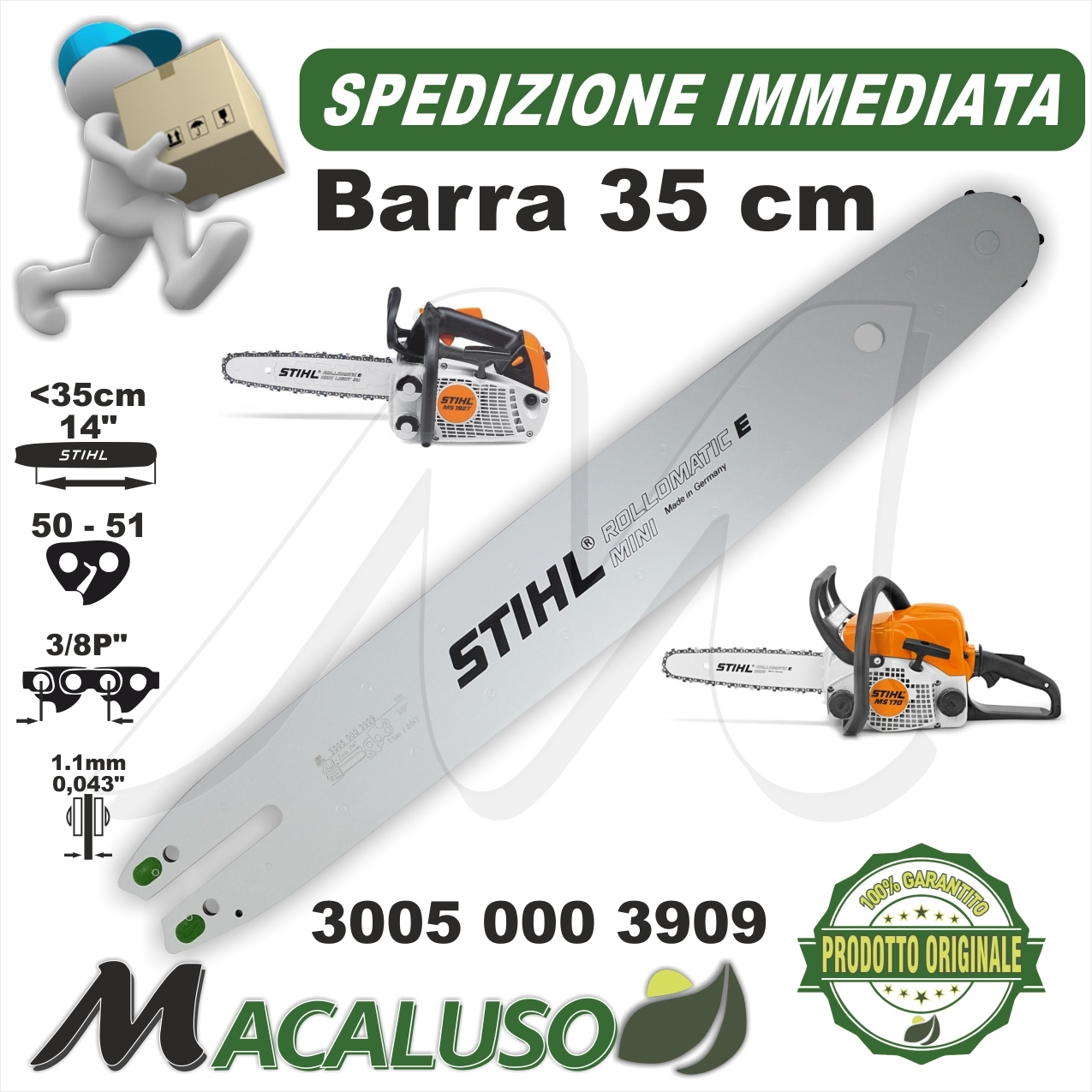 Barra Stihl 14 Cm 35 motosega MS170 MS171 passo 3/8P da mm 1,1