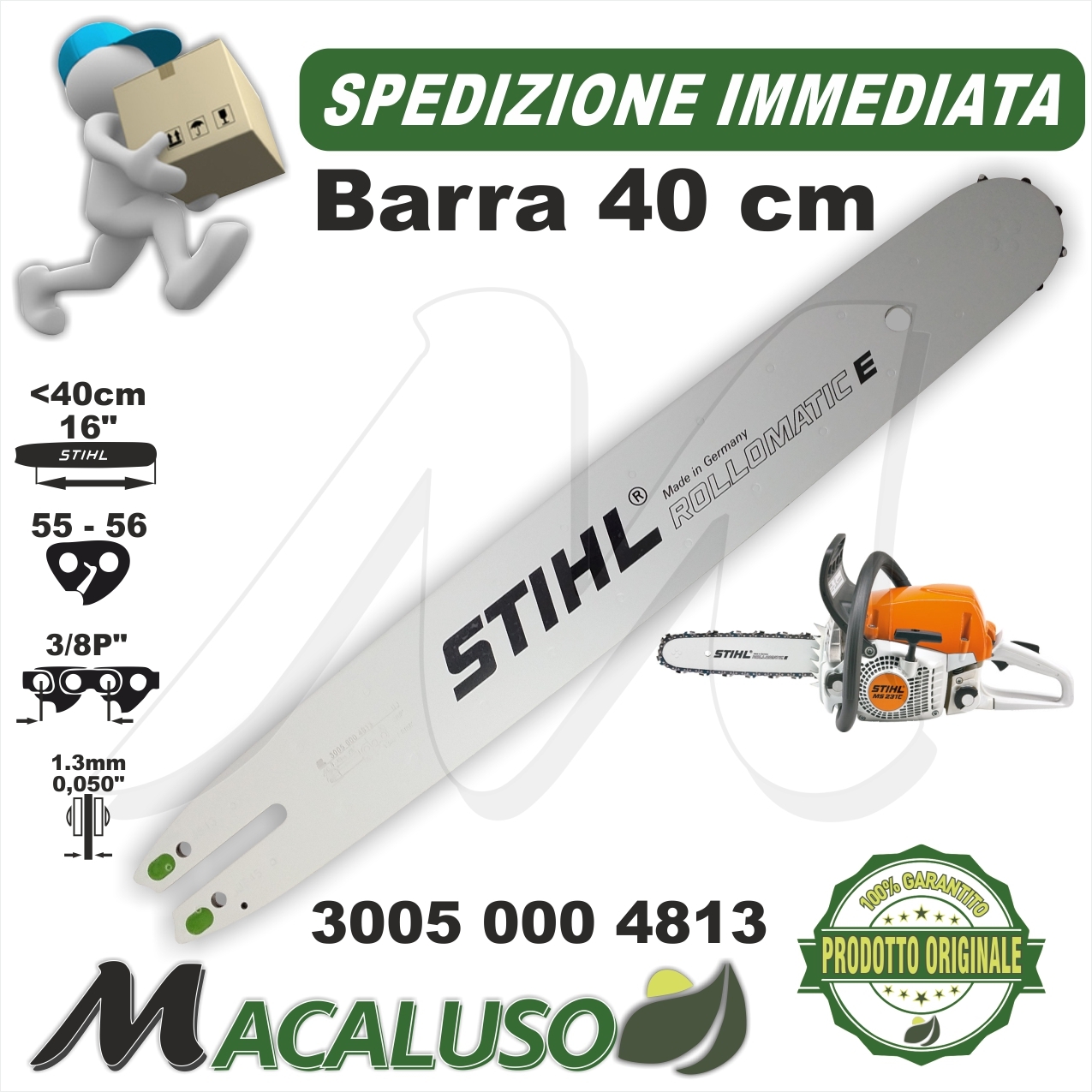 Barra Stihl 16 Cm .40 x motosega MS180 MS181 passo 3/8P mm. 1,3 maglie 55  spranga 30050004813 - Macaluso Macchine Agricole