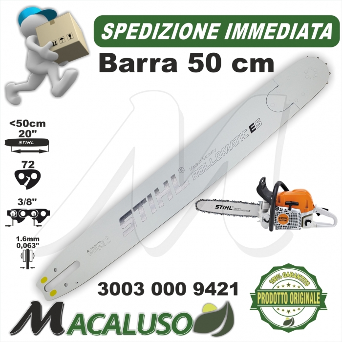 Barra Stihl 20 Cm 50 motosega MS290 MS391 MS441 p. 3/8 mm.1,6 maglie 72  30030019421 spranga rollomatic ES - Macaluso Macchine Agricole