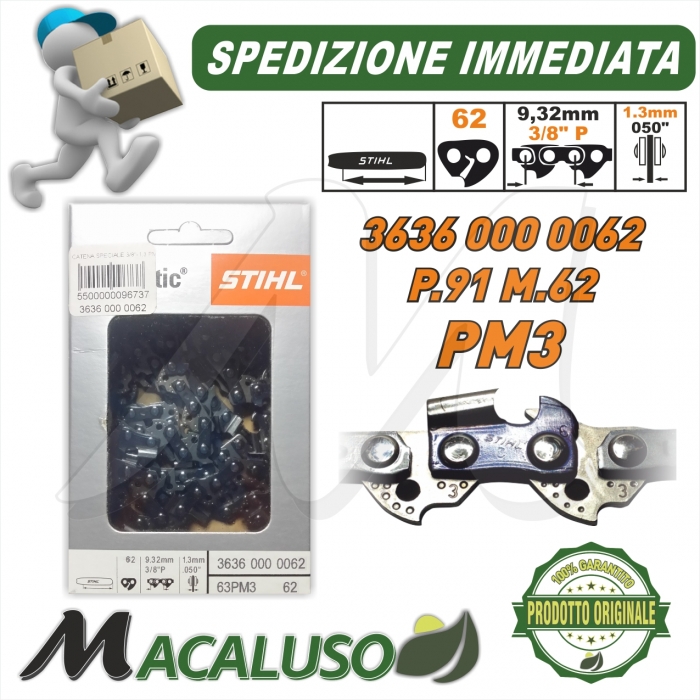 Catena Stihl x motosega Passo 3/8 P sp.1,3 maglie 62 barra spranga 36360000062