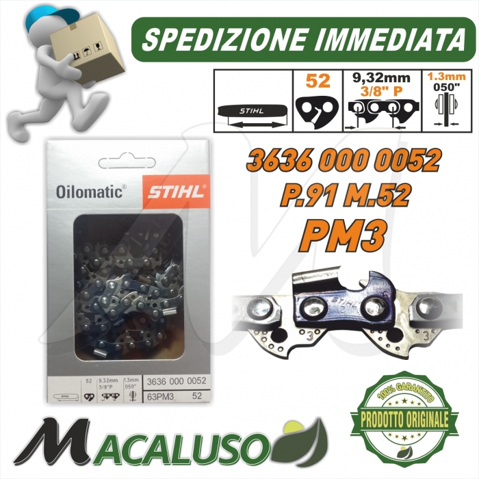 Catena Stihl x motosega Passo 3/8 P sp.1,3 maglie 52 barra spranga 36360000052