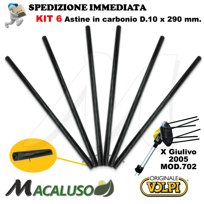 Kit 6 Asta carbonio abbacchiatore Volpi Giulivo 10 x 295 astina rebbio bacchetta modello 2005