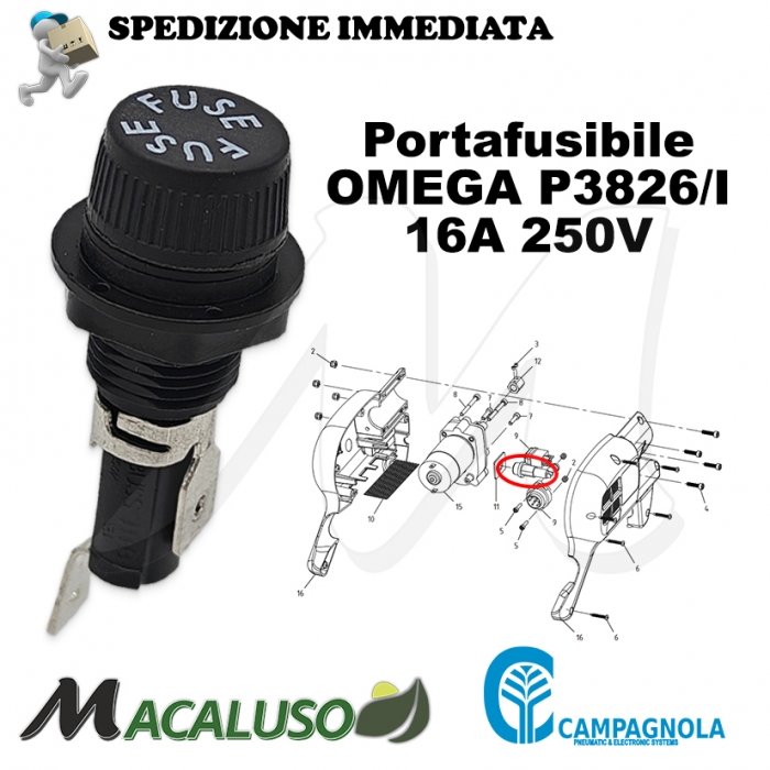 Portafusibile P3826/I 16A 250V 5X 20-6.3 X 32 abbacchiatore Campagnola sferzatore 0245 0106