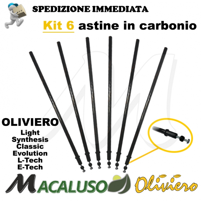 Kit 6 aste in carbonio per abbacchiatore Oliviero Light Synthesis Classic Evolution L-Tech E-Tech astina viti e gommini
